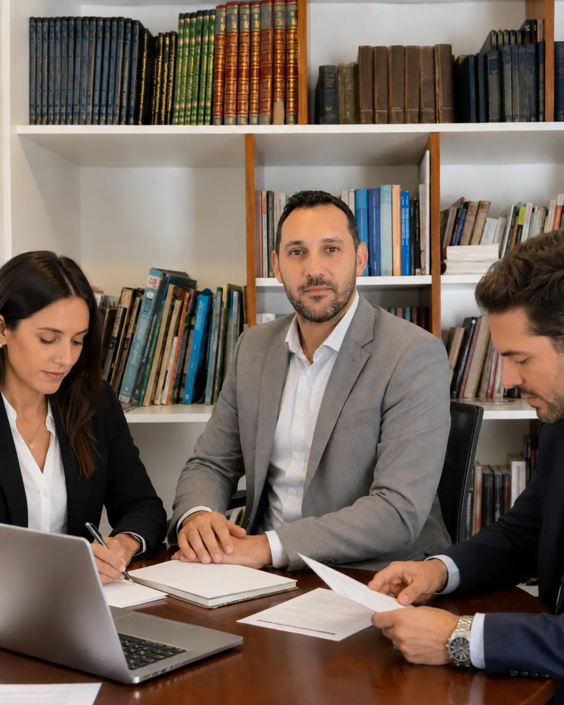Víctor Olivari revisando documentación junto a colegas